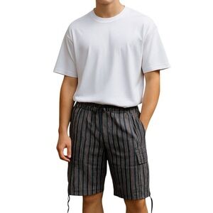 Rising International Black and White Cargo Shorts with Pinstripes